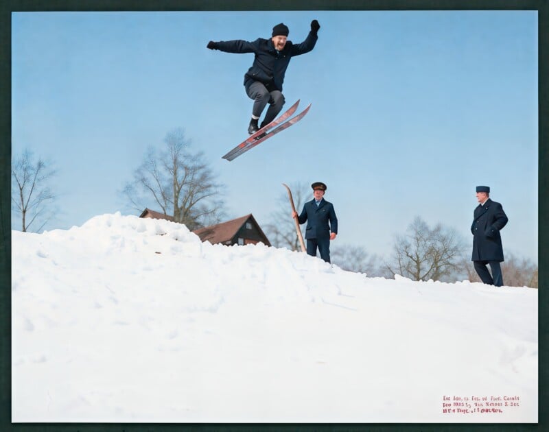 A person in winter clothing is mid-air on skis, jumping over a snowy slope, while three people in uniforms watch from below with trees and buildings in the background under a clear blue sky.