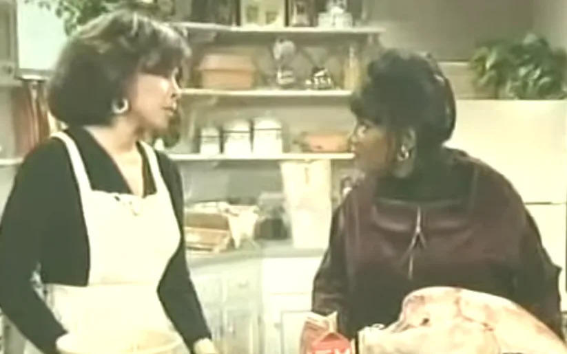 Two women are in a kitchen, one in an apron and the other in a satin top, engaged in conversation over a large turkey on the counter