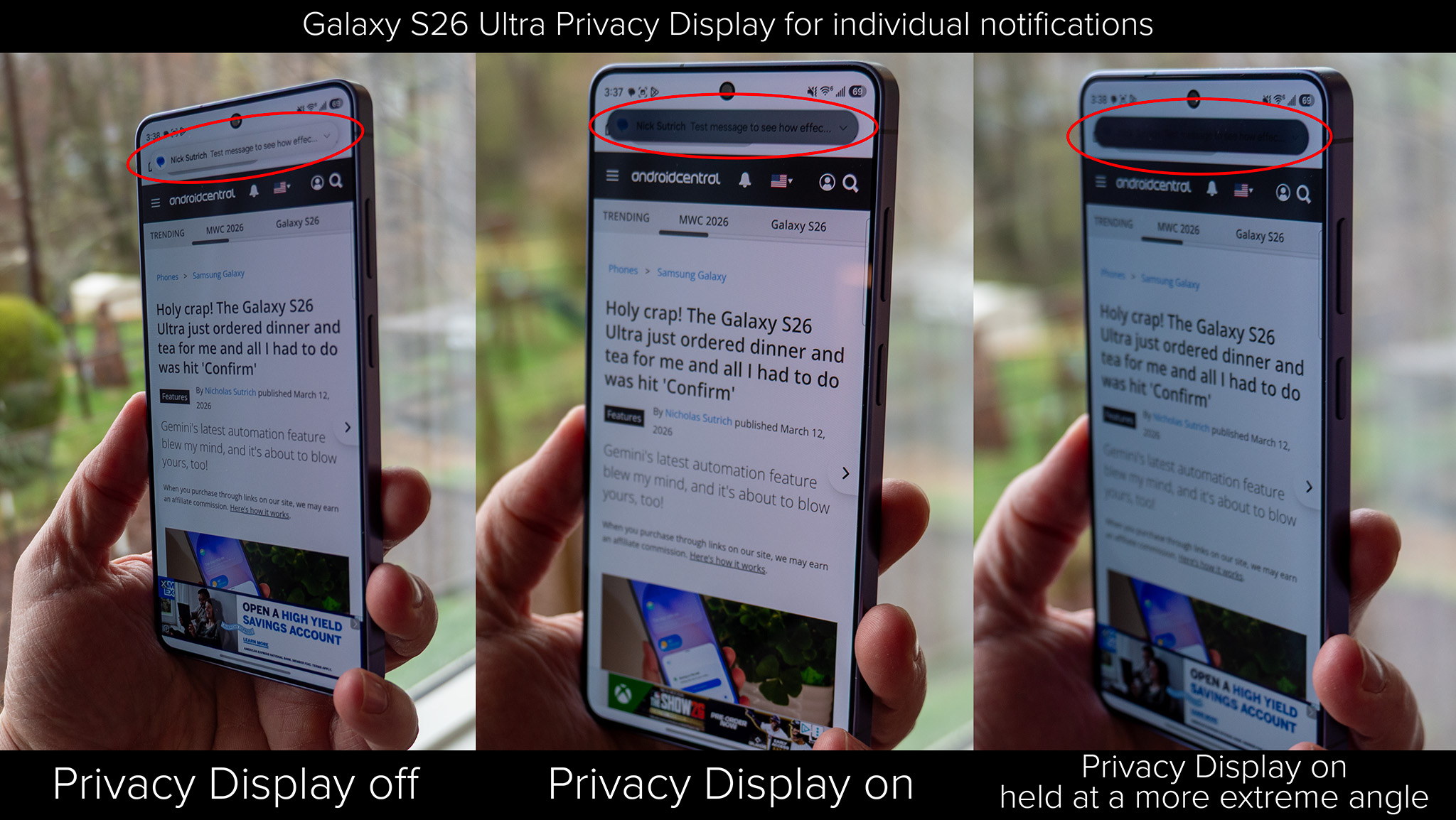 Comparing a notification's visibility at an angle on the Samsung Galaxy S26 Ultra when Privacy Display is enabled and disabled