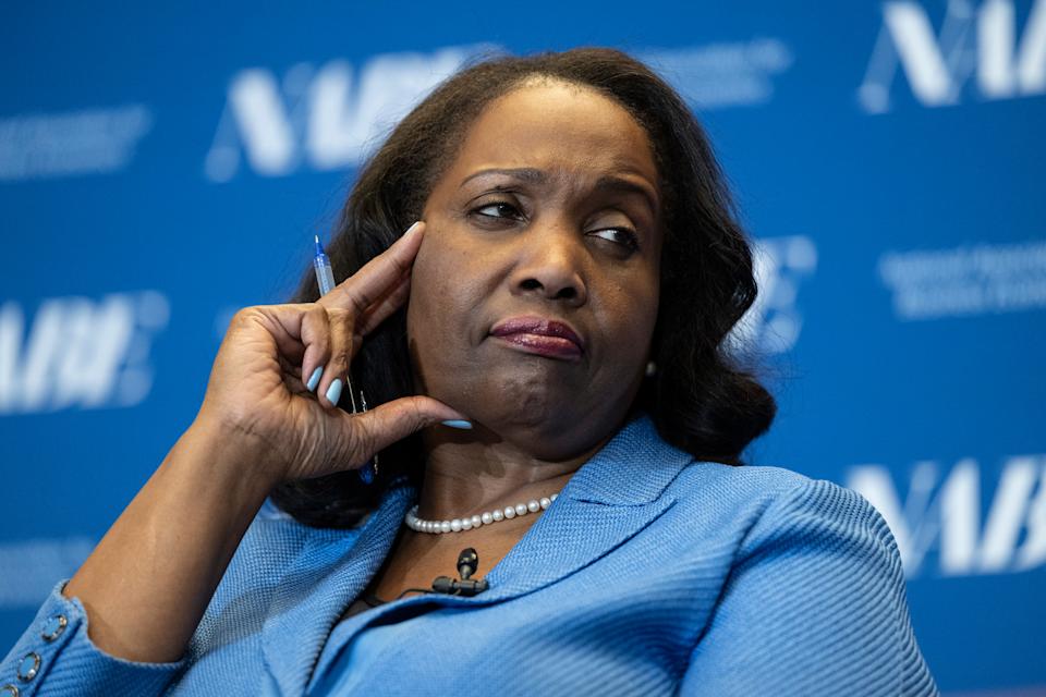 WASHINGTON, DC - FEBRUARY 24: Lisa D. Cook, a member of the Board of Governors of the Federal Reserve speaks at The Capital Hilton during the 42nd annual National Association for Business Economics Economic Policy Conference on February 24, 2026 in Washington, DC. Cook speaks as part of the AI and Productivity Across the Economy discussion which includes, Ging Cee Ng, Senior Data Science Manager, Meta, Michael Schwarz, Chief Economist and Corporate Vice President, Microsoft, and is moderated by Jared Franz, U.S. Economist, Capital Group of Companies. (Photo by Luke Johnson/Getty Images)
