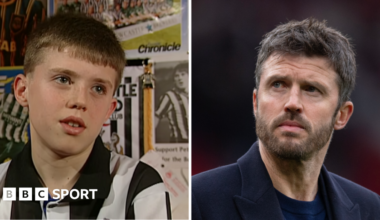 Michael Carrick, aged 13, in his Newcastle United shirt and, right, in the present day as Manchester United manager
