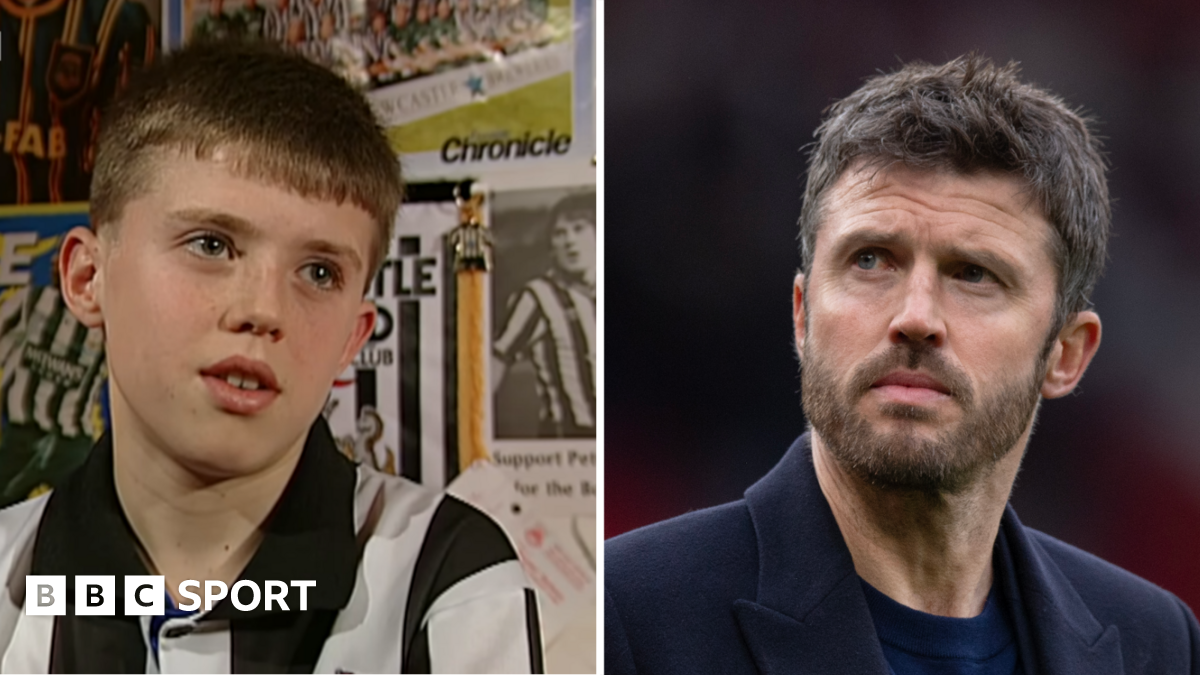 Michael Carrick, aged 13, in his Newcastle United shirt and, right, in the present day as Manchester United manager