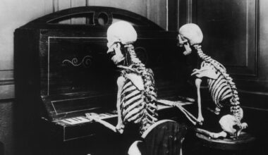 A pair of skeleton pianists play a macabre duet, circa 1950
