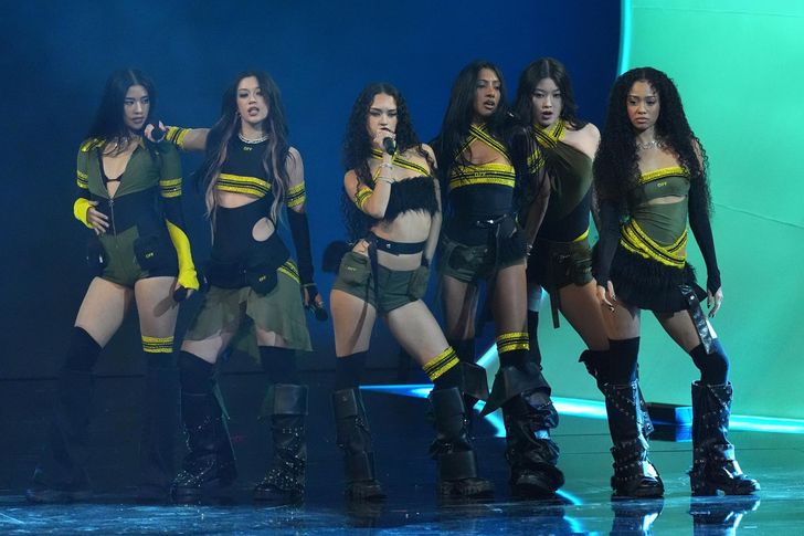 Girl group KATSEYE, a joint project under HYBE America and Geffen Records, performs its 2025 hit 'Gnarly' during the 68th Annual Grammy Awards on Feb. 1, in Los Angeles. AP-Yonhap