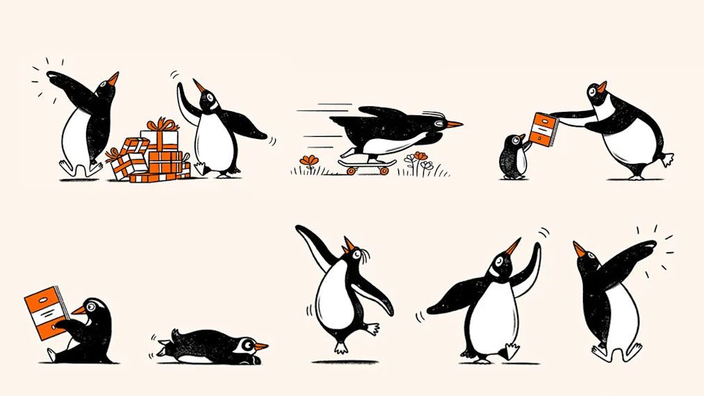 Penguin Random House illustrations of a penguin doing different tasks like skateboarding and jumping or reading a book