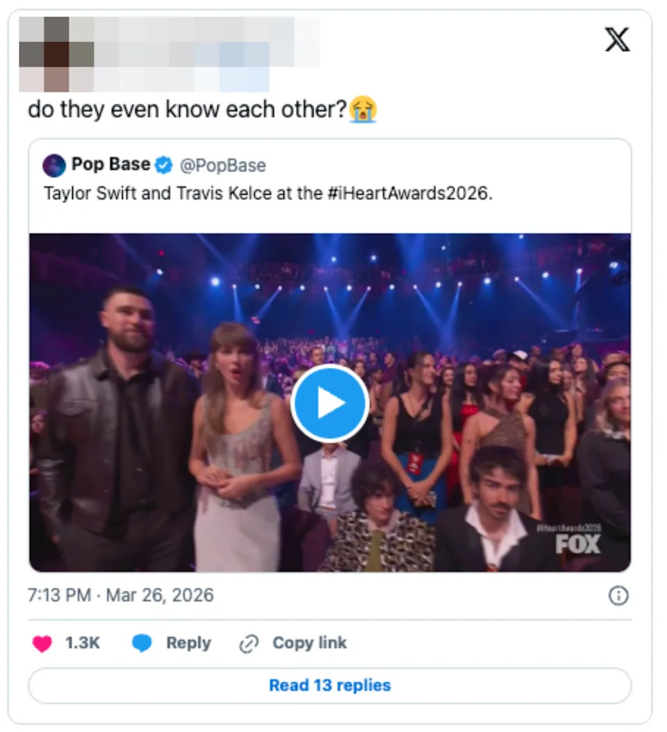 Image of a tweet showing Taylor Swift and Travis Kelce at the iHeartAwards2026 with the caption questioning if they know each other