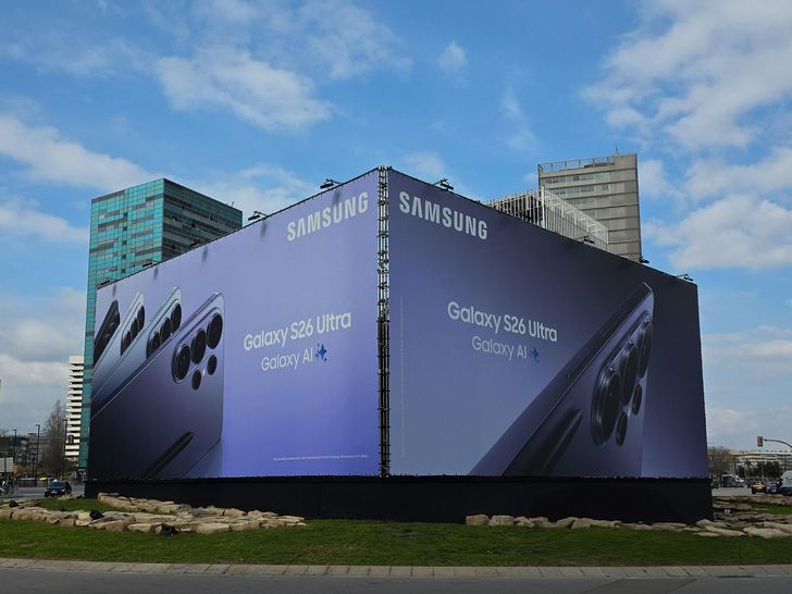 A Samsung Electronics advertisement is seen on the building of the Mobile World Congress 2026's exhibition hall, Sunday. Courtesy of Samsung Electronics