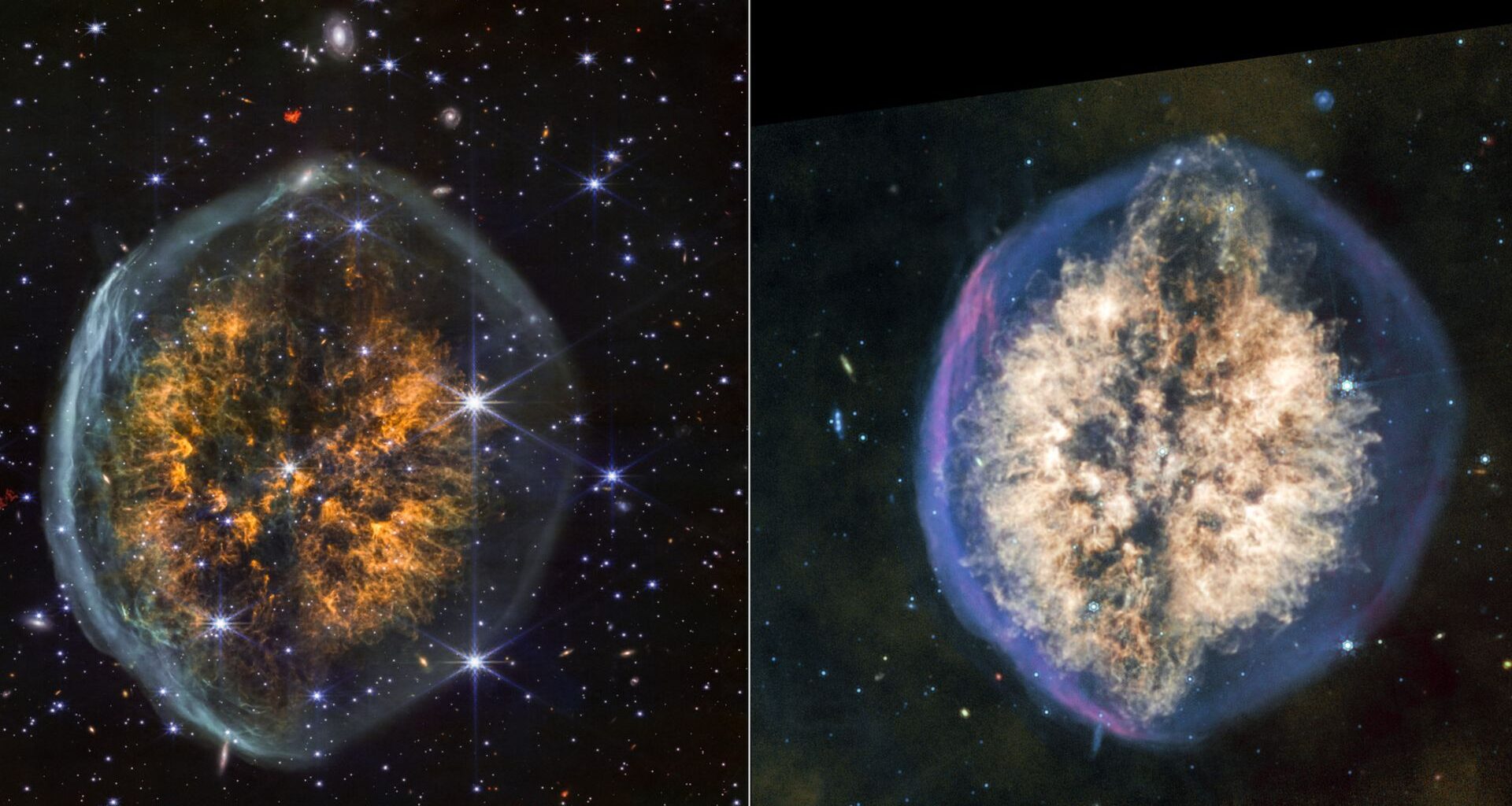 Two side by side images of a circular nebula, showing a cloud of golden gas surrounded by a blue bubble. The image on the left shows more background stars and a transparent bubble. The image on the right shows more of a yellow and green background with a bluer bubble