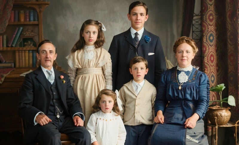 A vintage family portrait shows three adults and three children dressed in early 20th-century clothing, posing formally indoors with neutral expressions against a classic, elegant backdrop.
