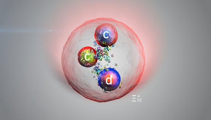 Artist’s impression of the new particle, which contains two charm quarks and one down quark. — CERN