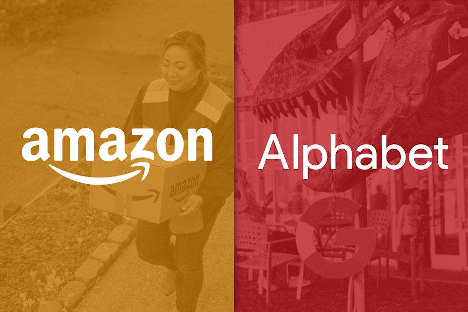 The Amazon logo next to the Alphabet logo.