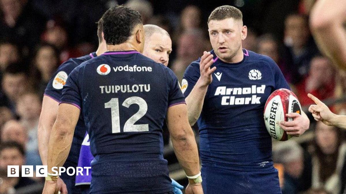 Scotland's Finn Russell and Sione Tuipulotu during a Guinness Six Nations match between Wales and Scotland at The Principality Stadium, on February 21, 2026, in Cardiff, Wales.