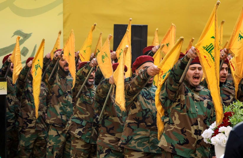 Hezbollah terrorists march in the funeral of senior terrorist Haytham Ali Tabatabai, others killed in IDF airstrike, in Beirut, November 24, 2025; illustrative.