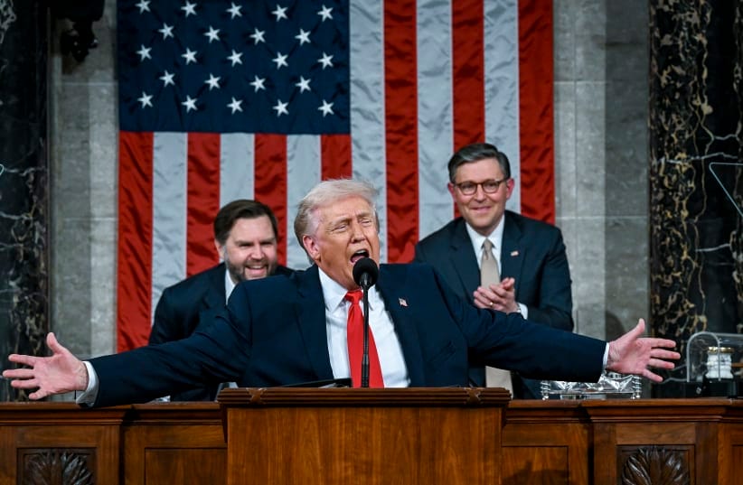 US President Donald Trump delivers the State of the Union address during a joint session of Congress in the House Chamber at the Capitol on February 24, 2026 in Washington, DC. Trump delivered his address days after the Supreme Court struck down the administration's tariff strategy.