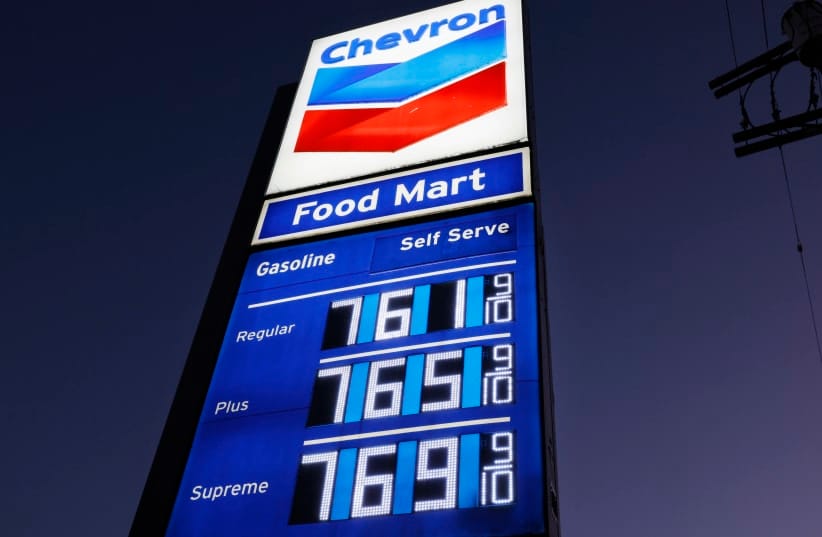 High gas prices are displayed at a downtown Chevron station on March 3, 2026 in Los Angeles, California.