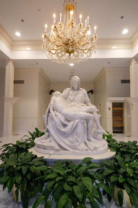 The life-size cast replica of Michelangelo’s Pieta in the narthex of St. Philip the Apostle Church in Franklin. Photo by Katie Peterson.