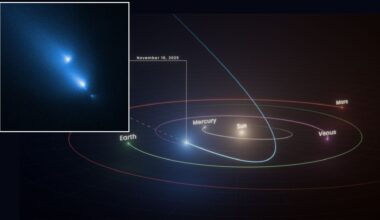 three fuzzy blue splotches of light on a black background, all appearing to leave fuzzy streaks behind them as they travel from top left to bottom right