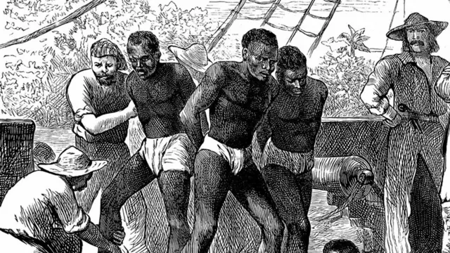 A black and white sketch of three slaves wey dem tie dia hands