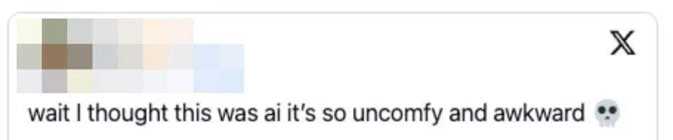 Tweet by user @katiev: "wait i thought this was ai it's so uncomfy and awkward" followed by a skull emoji