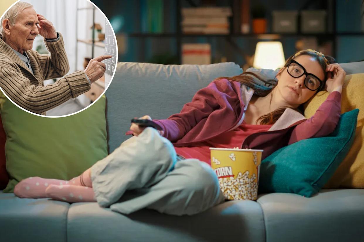 An image collage containing 2 images, Image 1 shows A woman in glasses lies on a sofa with popcorn and a remote control, looking bored while watching TV, Image 2 shows An elderly man touches his head in frustration while pointing at a wall calendar, possibly indicating memory loss or cognitive impairment
