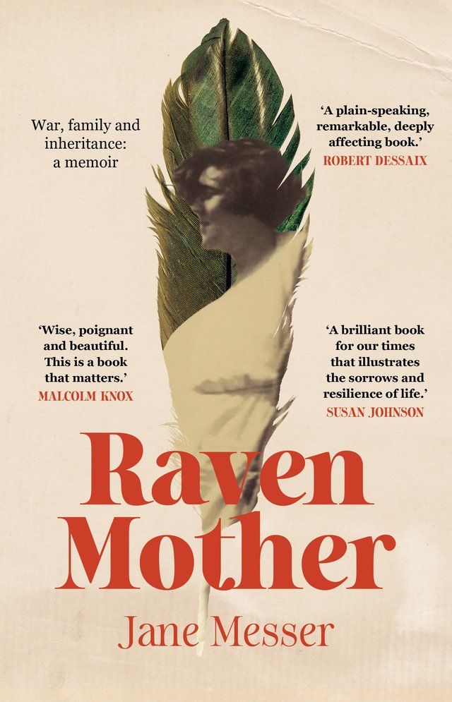 Cover of Raven Mother by Jane Messer; a photo of a woman with short brown hair in the 1930s within the outline of a feather.