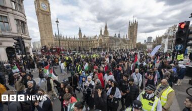 Large march in central London with the Houses of Parliament behind a crowd of marching protesters. Some are holding Palestinian flags