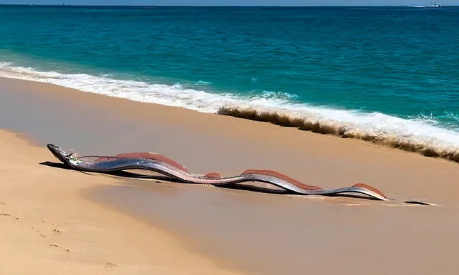 Serpent-like oarfish on beach in Cabo.