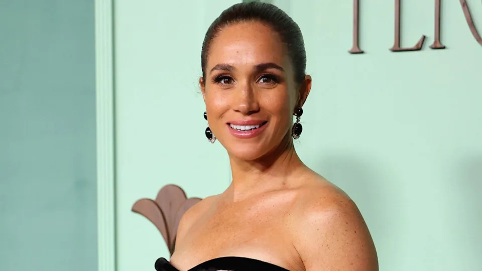 Meghan Markle in a strapless black dress at the Fifteen Percent Pledge fundraising gala in Los Angeles in February 2026.