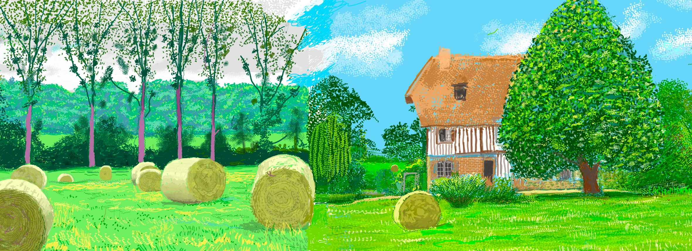 Illustration of a rural landscape with hay bales in a field, trees, and a cottage with a thatched roof.