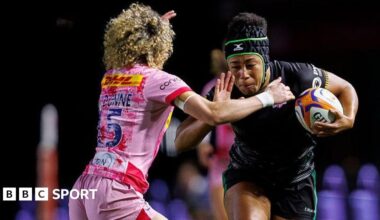 Loughborough Lightning's Sadia Kabeya evades the tackle of Harlequins' Ellie Kildunne during their Premiership Women's Rugby match in October 2025