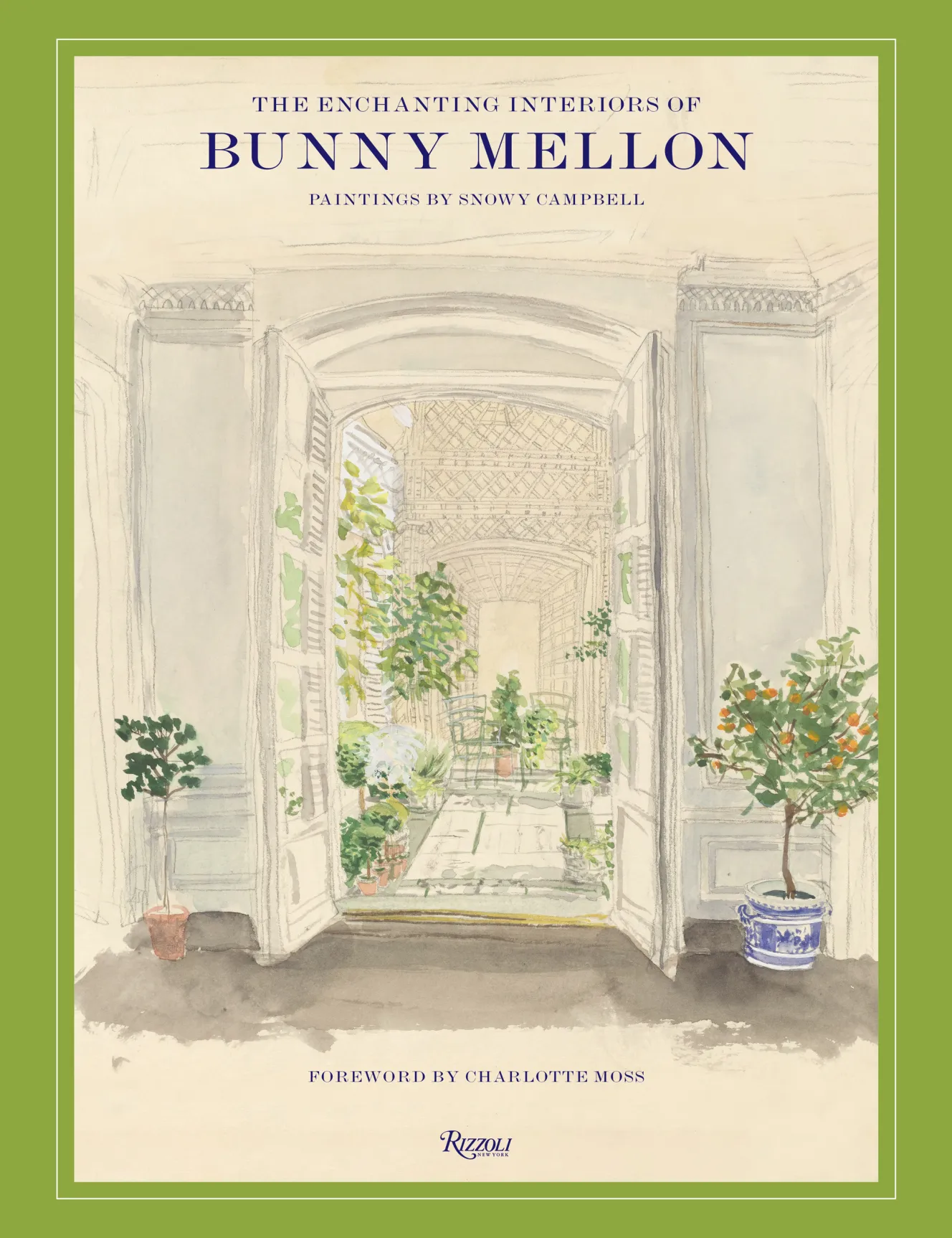 Illustration of a book cover titled "The Enchanting Interiors of Bunny Mellon," featuring a watercolor painting of an indoor garden room with an open doorway.