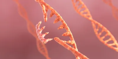 3D illustration of DNA and RNA strands with elements representing gene editing and genetic modification.