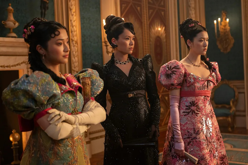 Liam Daniel/Netflix - PHOTO: Michelle Mao as Rosamund Li, Katie Leung as Lady Araminta Gun, Isabella Wei as Posy Li in episode 408 of "Bridgerton."