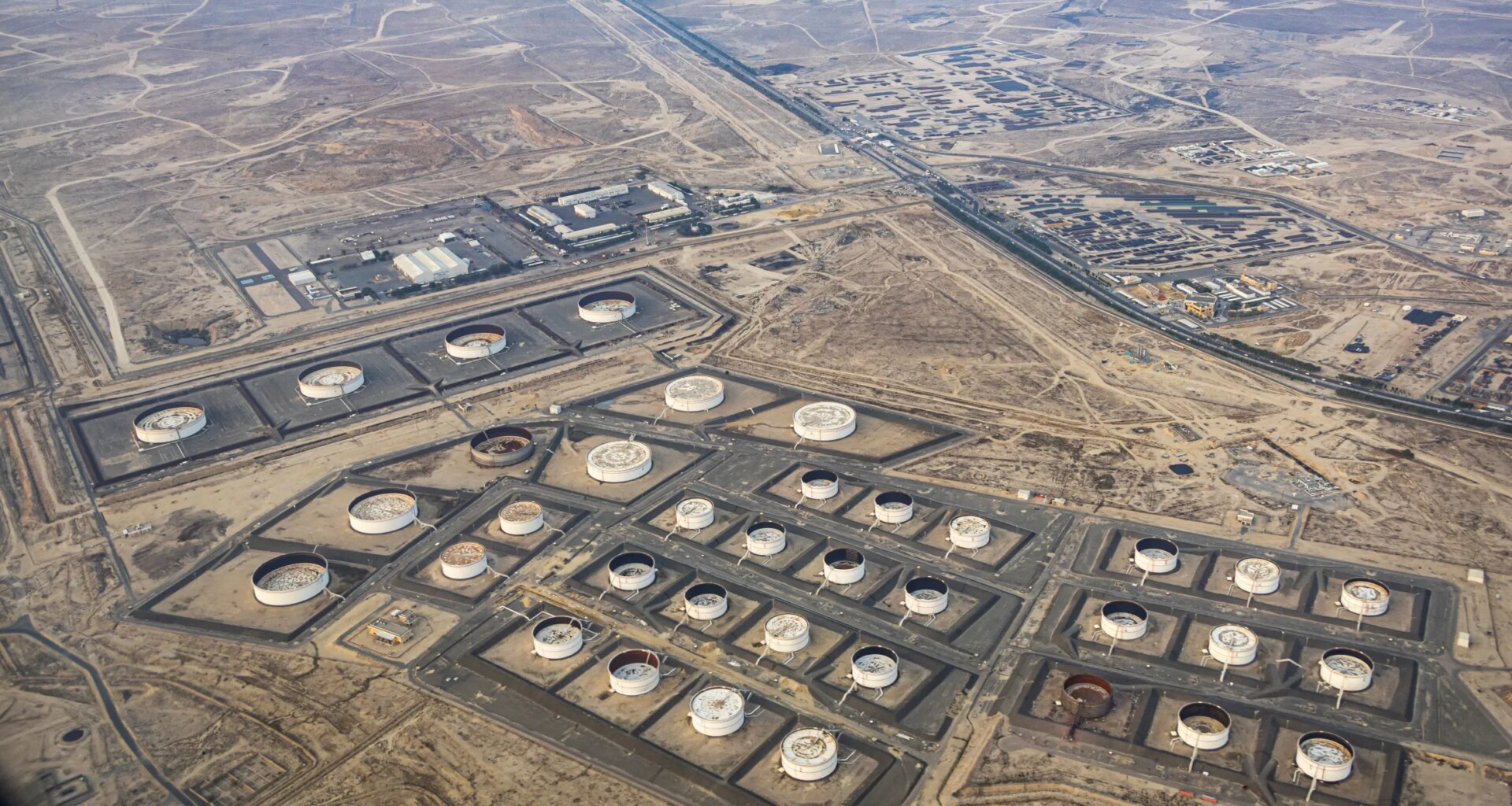 Aerial view of crude oil depots in Al Ahmadi, Kuwait.