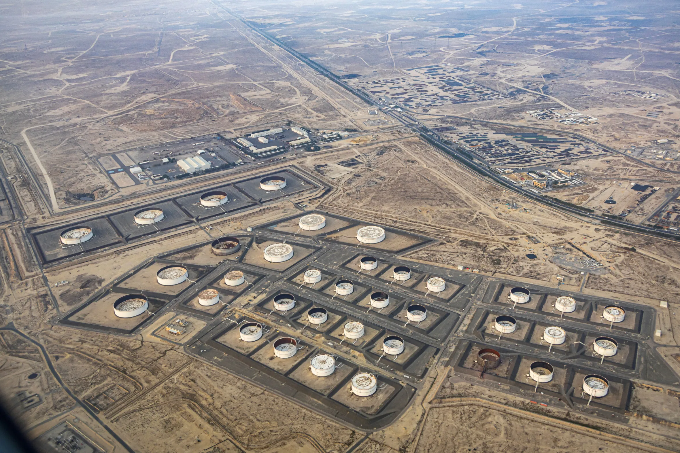 Aerial view of crude oil depots in Al Ahmadi, Kuwait.