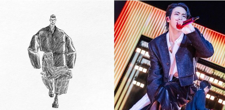 BTS Jin's costume, right, and design sketch by Songzio / Captured from Songzio's Instagram