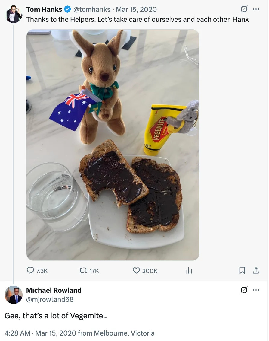 Tom Hanks shares a photo of toast with Vegemite and an Australian-themed kangaroo toy on Twitter, March 2020. Michael Rowland comments on the Vegemite amount