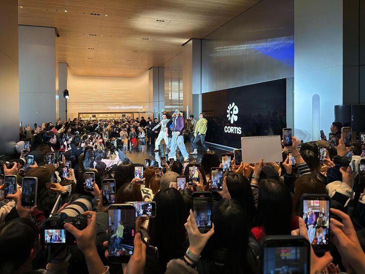 Members of K-pop group CORTIS perform during a special stage at a “Today at Apple” session marking Apple’s 50th anniversary at Apple Myeong-dong in Seoul, March 18. Courtesy of BigHit Music
