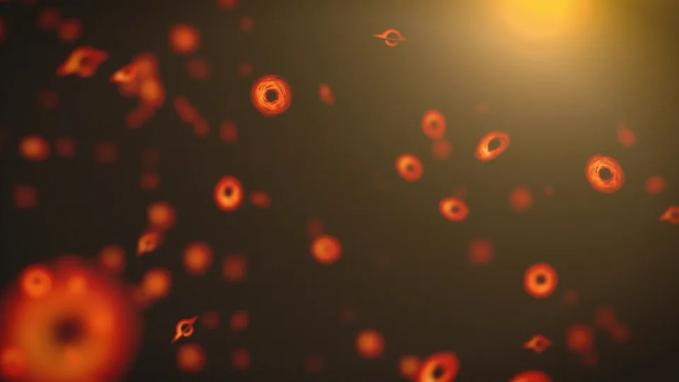 Artist's illustration of tiny primordial black holes shown in orange