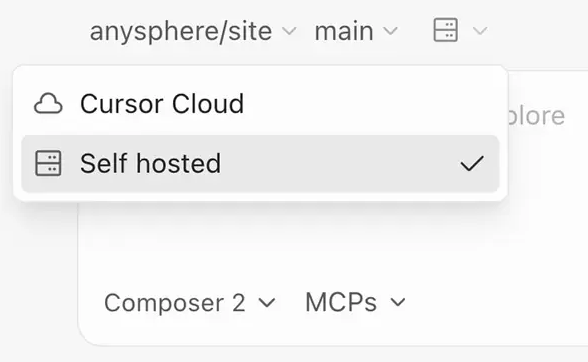 Choosing "self-hosted" in the Cursor dashboard