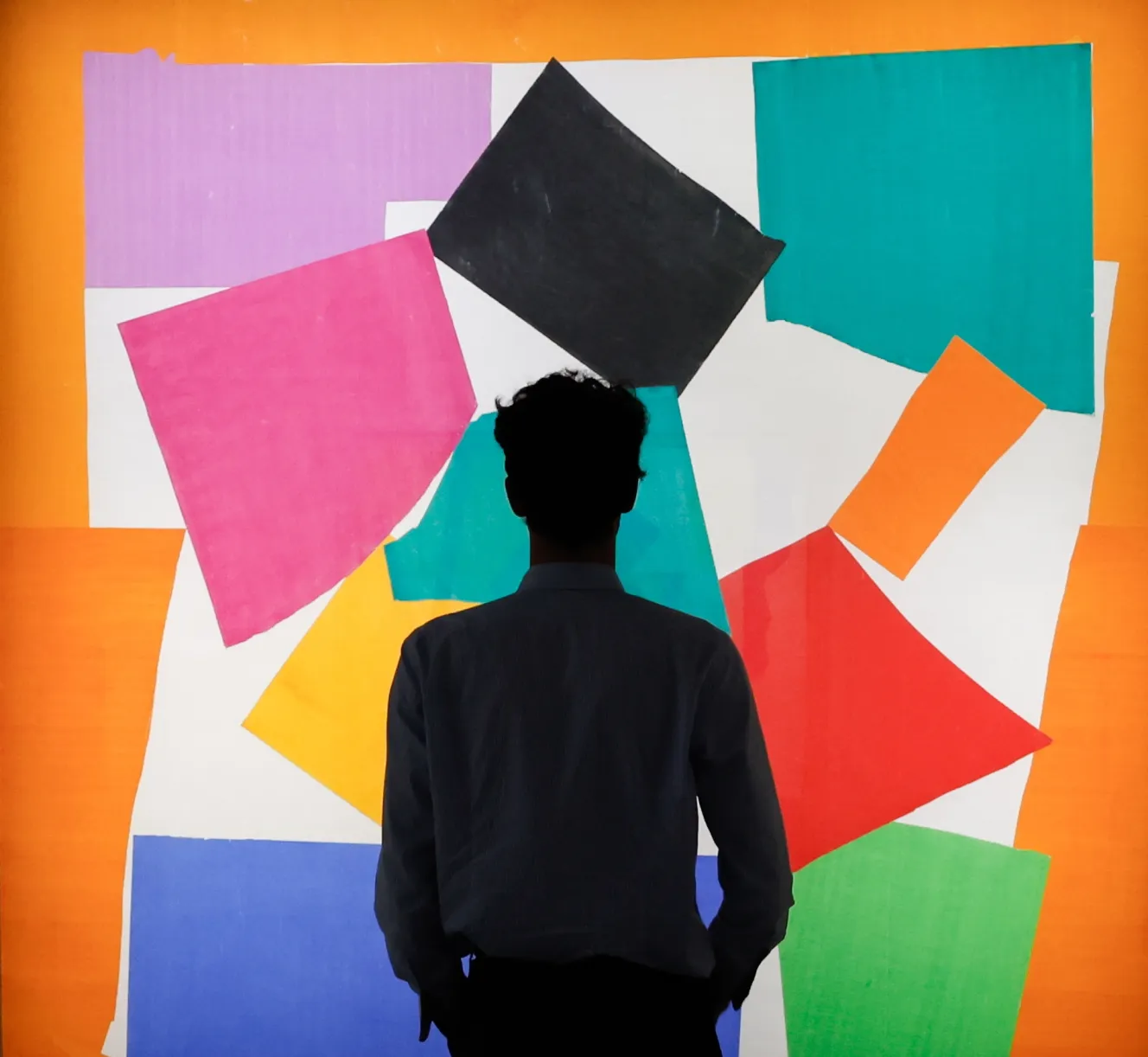 A person looking at Henri Matisse's artwork "L'Escargot" with colorful abstract shapes.