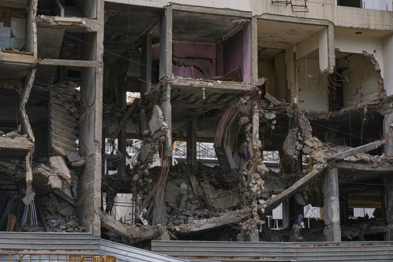 A view of a building damaged in an Israeli airstrike, in Dahiyeh