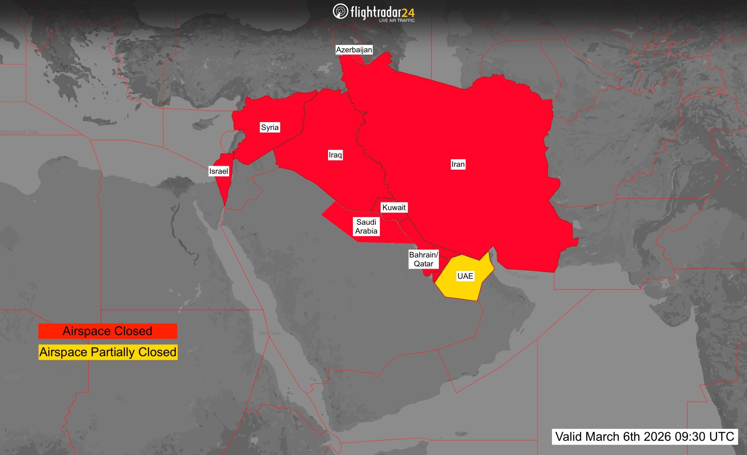 Map of Middle East airspace closures, effective March 6th, 0930 TC.