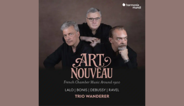 Three men in black shirts pose against a neutral background. Text reads: Art Nouveau: French Chamber Music Around 1900. Lalo