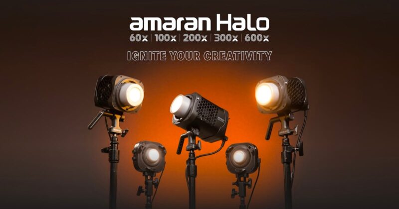 Five studio lights are illuminated against an orange background. Above them, white text reads “amaran Halo 60x 100x 200x 300x 600x” and orange text says “IGNITE YOUR CREATIVITY.”.