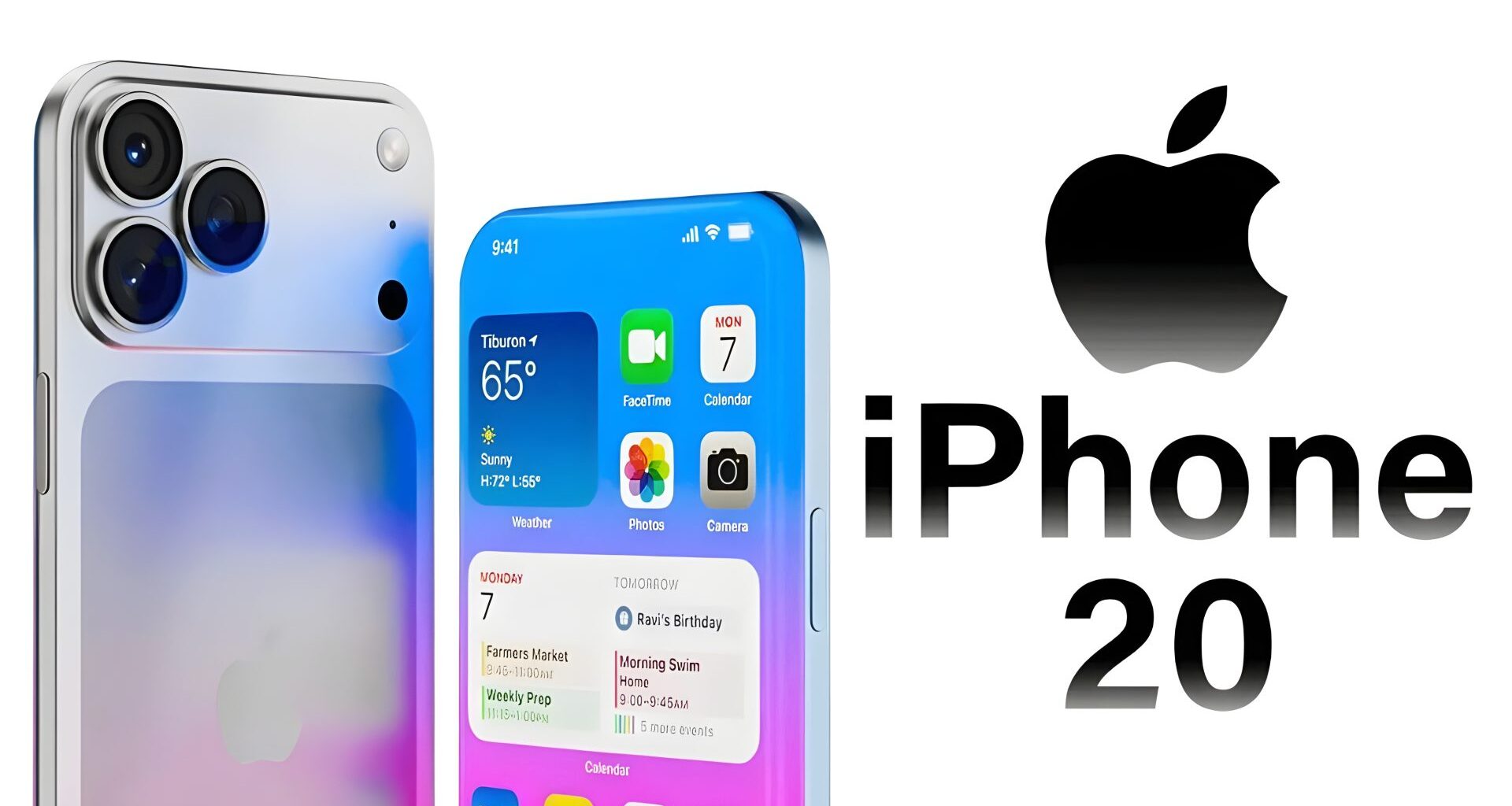 A conceptual design of the Apple iPhone 20 showcasing a triple camera setup and a display with 'Tiburon,' '65°,' and app icons for FaceTime, Calendar, Photos, and Camera.