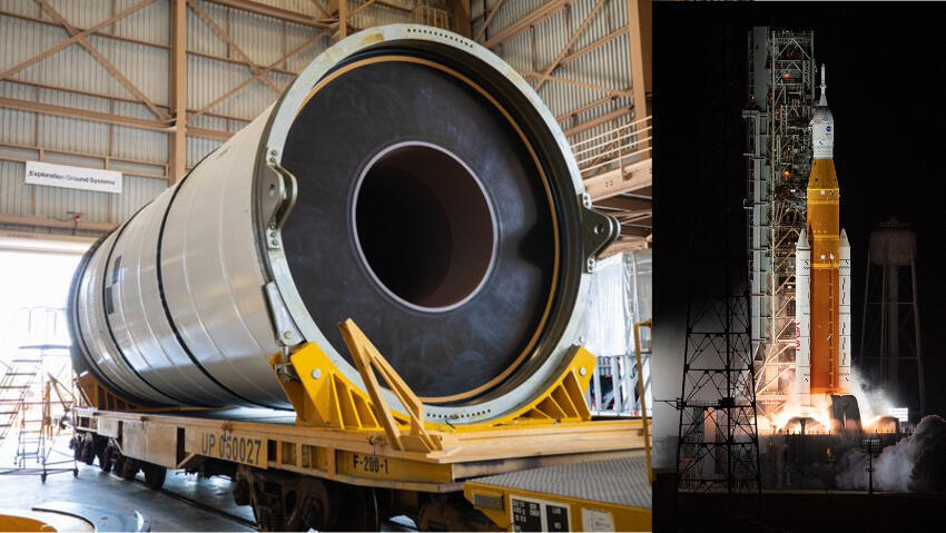 The solid fuel and oxidizer are cast around the rocket’s perimeter, while the central cavity serves as the combustion chamber. A segment of an SLS booster used for launching spacecraft to the moon (right). The rocket itself uses liquid fuel, while the boosters use solid fuel (Photo: NASA) הדלק המוצק והמחמצן יצוקים בהיקף הטיל, והחלל המרכזי משמש תא בעירה. מקטע מטיל האצה (בוסטר) של טיל SLS לשיגור חלליות לירח (מימין). הטיל עצמו מונע בדלק נוזלי, וטילי ההאצה – בדלק מוצק