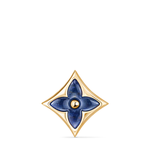 Gold and blue flower-shaped metal accessory with a central hole, featuring a four-petal design on a transparent background