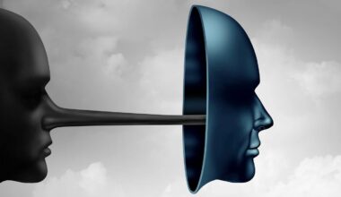 A dark face with a long, Pinocchio-like nose pushes through a mask shaped like a human face, set against a cloudy sky background, symbolizing deception or hiding one's true identity.