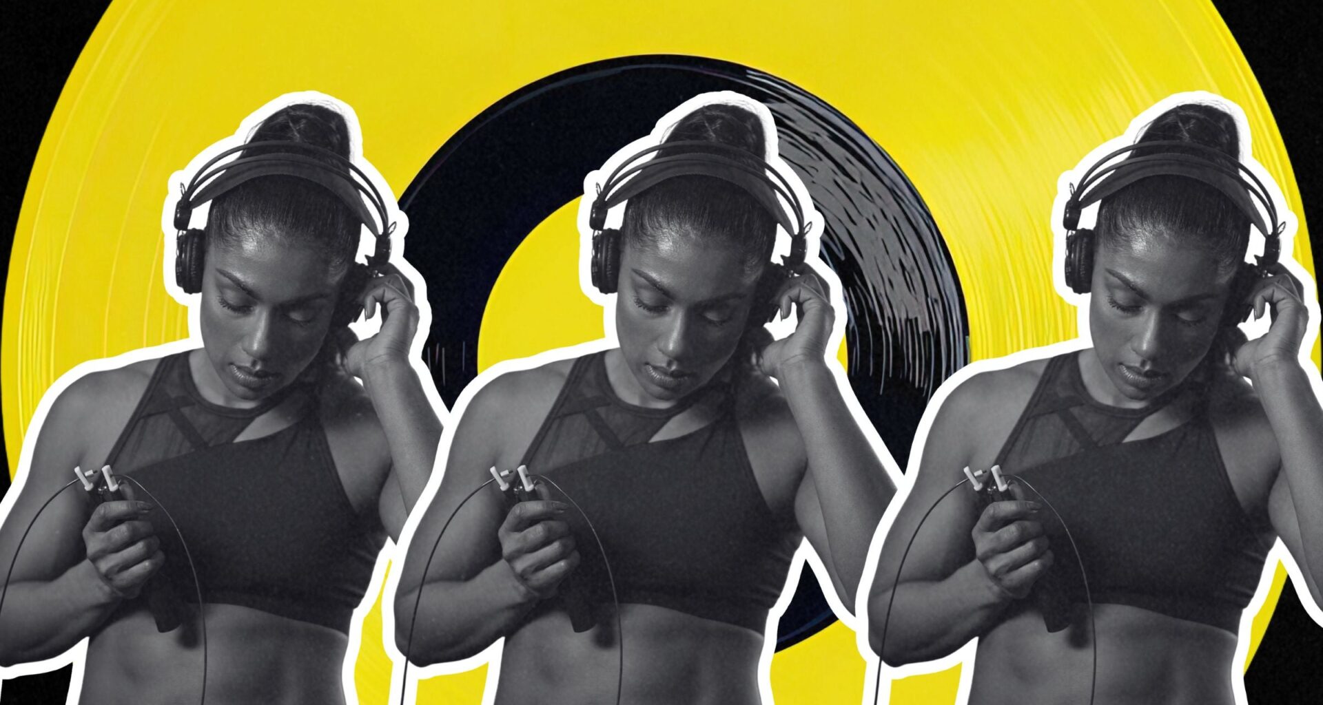 woman listening to music in headphones overlaying a vinyl record background